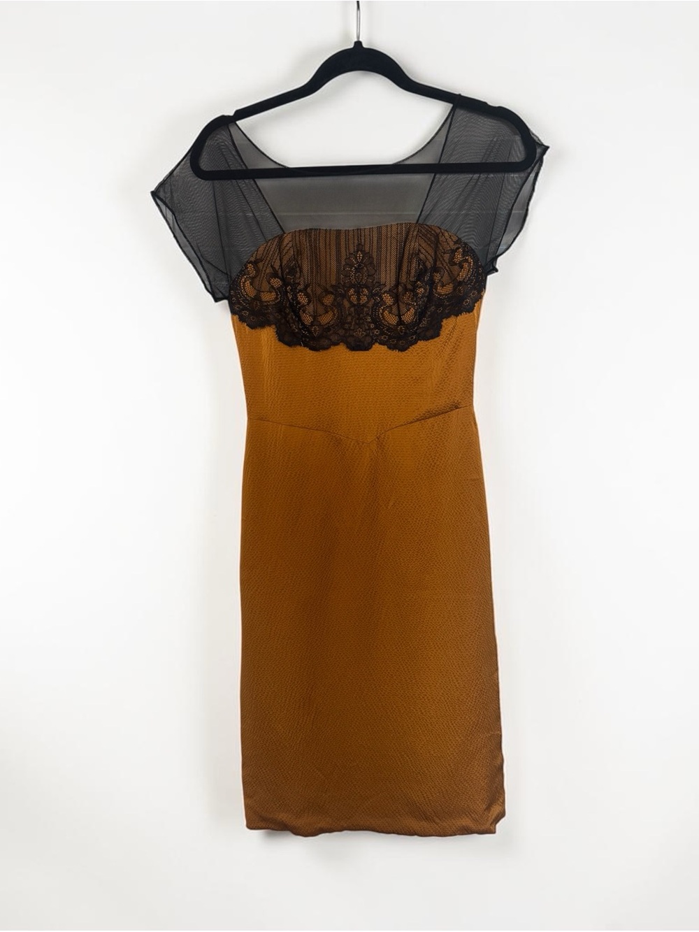 Miguelina Black Mesh Hammered Silk Midi Dress with Lace